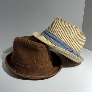Lot of 2 Fedora Hats Headwear California Brown Corduroy Straw + Hat Shell